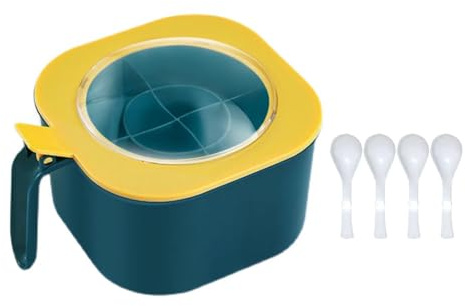 Cloimei 4 Compartment Organizer Box Large Capacity Kitchen Storage Container With Lid Practical Seasoning Rack For Countertop PP Material Includes 4 Measuring Spoons (Yellow)