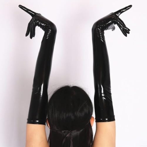 NINMORTH Shiny PVC Long Gloves for Women, Black Red Color, Club Performance Costume Accessory, M-XL Size(M Black)