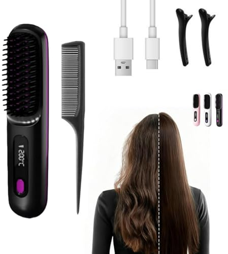 clinora Die ERSTE intelligente Syling-Bürste für kurzes Haar，Kabellose Glättbürste mit LED-Anzeige, 3 Temperaturstufen tragbare, wiederaufladbare Bürste Für Glätten und Locken
