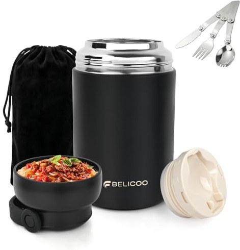 BELICOO Food Flask, 600ml Stainless Steel Vacuum Insulated Food Container | 316 Stainless Steel Leakproof Steel Food Flasks for Hot/Cold Food, BPA Free Food Flasks for Soup Containers with Bag & Spoon