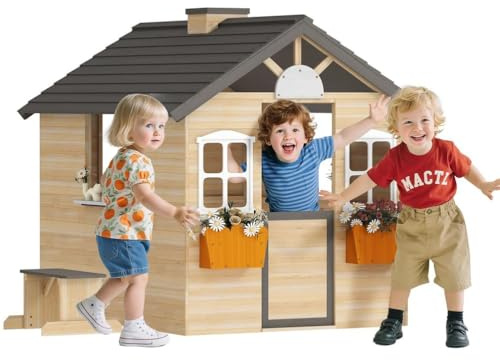 Wooden Playhouse with Play Kitchen and Interactive Features for Outdoor Imaginative Play