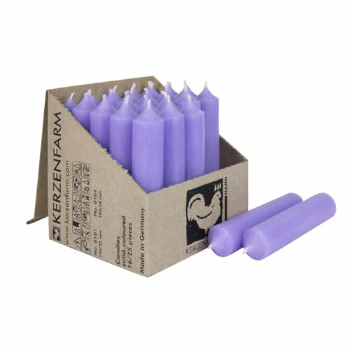 25 kurze Stabkerzen durchgefärbt 100x22mm | RAL Tafelkerzen mit 4h Brenndauer | Ohne Tropfen & Rußen | Leuchterkerzen für Deko | Made in Germany (Lavendel)