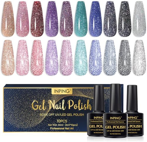 INPING UV Nagellack, 10 Farben Reflechissant Glitzer Gel Nagellack Set, Rot Silber Blau Grün Lila Rose Schwarz Marine Schimmer Glänzend Diamant Gelnägel für Disco DJ Ideal Geschenk für Frauen, 8 ML