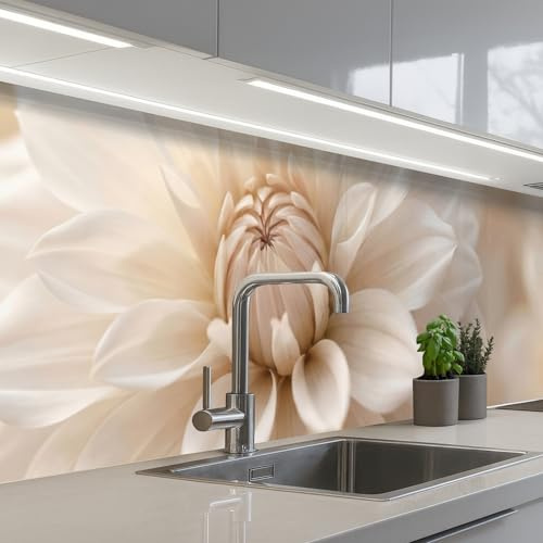 KitchenYeah© Antisalpicaduras Cocina adhesivo Salpicadero Protector | 80x400 cm - Salpicaduras Kitchen Flor - Dalia - Blanco