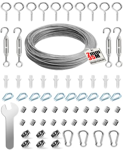 ovsor Kit cavo in acciaio inossidabile, 2 mm x 35 m, con tenditore, cavo in acciaio inox 304 per piante rampicanti, corda per biancheria, corda per tenda e lampada a sospensione