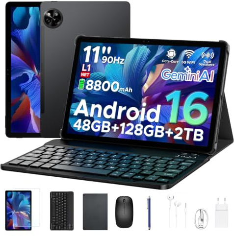 Easerush P11 Tablette 11 Pouces, 48Go+128Go/2To TF, T7250, 8800mAh, Noir | Tablette Android 16 avec Gemini AI, 90Hz, 13 MP+5MP, Widevine L1, 5G WiFi, Tablette Tactile avec Stylet, Clavier