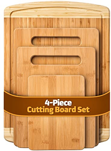 Bamboo Cutting Board Set of 4 - Kitchen Chopping Boards with Juice Groove for Meat, Cheese and Vegetables - Large Natural Wood Butcher Block, Cheese Board & Charcuterie Board