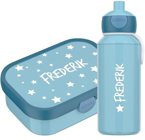 4youDesign Set: blaue Brotdose & Trinkflasche -STERNE- mit Namen für Kinder – 6 Farben, 3 Motive, inkl. Dosen-Einsatz, Gabel & Pop-Up Flasche (Cool Blue)