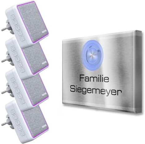 Metzler Kabellose Funkklingel - hohe Reichweite - Edelstahl Design Türklingel inkl. Empfänger, wasserfest - 4 Empfänger (Steckdose)