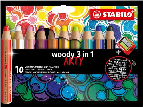 STABILO - Buntstift, Wasserfarbe & Wachsmalkreide - woody 3 in 1 - ARTY - 10er Pack - mit 10 verschiedenen Farben und Spitzer