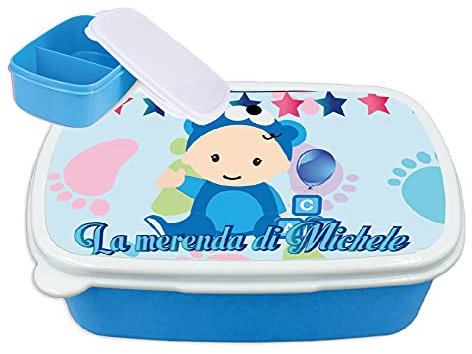 Contenitore Porta Pranzo merenda Bimbi Personalizzabile Piedini Adatto per Il Tuo Bimbo Quando va a Scuola (Celeste)