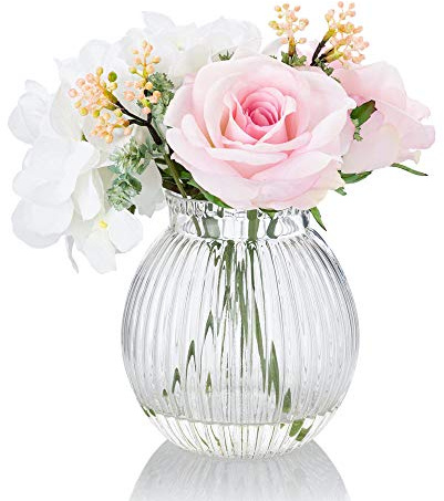 OF Blumen Arrangement mit Rosen und Hortensien - Kunstblumen Strauß in Einer Vase aus Glas