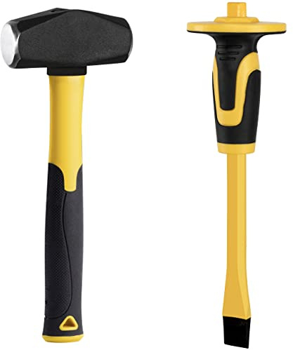 KURUI 3lb Sledge Hammer & Flat Chisel with Hand Protection for Tile/Rock/Masonry/Concrete/Brick/rockhounding, Mason Flat Head Chisel & Small Drilling Hammer with Anti-Slip Handle
