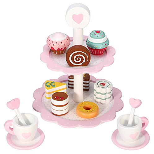 SOKA Wooden Dessert Cake Stand with Muffins Cakes Donuts Dessert Tower Afternoon Tea Party Pretend Play Pink 18PCS Wooden Tea Set Playset Role Play for Girls Kids Children 3 years old +