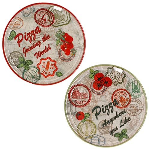 MamboCat Lot de 2 assiettes à pizza Moscou & Rome vert et rouge Ø 33 cm I Assiettes en porcelaine blanche avec motifs pour servir des antipasti et des tomates mozzarella I Lot de 2 grandes assiettes