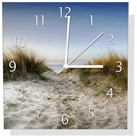 Wallario Design Wanduhr Weg durch die Dünen zum Strand am Meer aus Aluverbund, Alu-Uhr Größe 30 x 30 cm, weiße Zeiger mit Metalloptik
