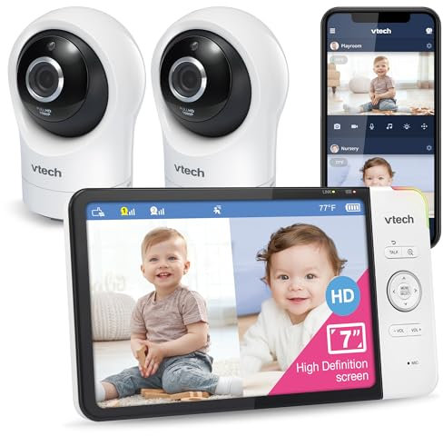 VTech RM7764-2HD 1080p Smart WiFi Remote Access 2Camera BabyMonitor, 360° Pan&Tilt, 10X Zoom, 7” 720p HD Display, HD NightVision, Soothing Sounds, 2-Way Talk, Temperature&Motion Detection, iOS&Android