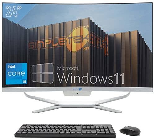 SIMPLETEK PC All in One 24 Full HD Curvo Core i5 hasta 3,30 GHz Windows 11 Pro 16 GB RAM SSD 960 GB Webcam 1080p WiFi5 BT HDMI ordenador fijo Aio casa escuela trabajo