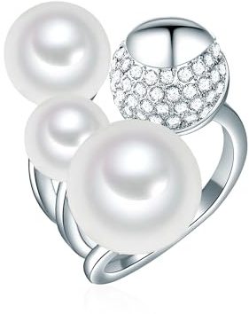 Lulu & Jane Damen Ring Messing | Silber-Optik, Cocktailring, Glas, weiß, Muschelkernperle, ca. 8,0 - 12,0 mm, weiß, rund