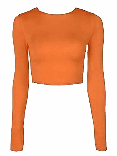 RIDDLED WITH STYLE Womens Long Sleeve Round Neck Crop Top Ladies Summer Wear Casual Tops Adults Slim Fit Plain Cropped Shirt Street Wear Basic Tee Plain Printed Top UK 8-14 Orange