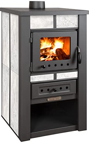 ProTermo Alpina Ceramic Weiß Kaminofen mit Schamottstein - 8 kW Heizleistung - 50 x 48 x 82 cm Holzofen mit Sichtfenster, Bauart 1