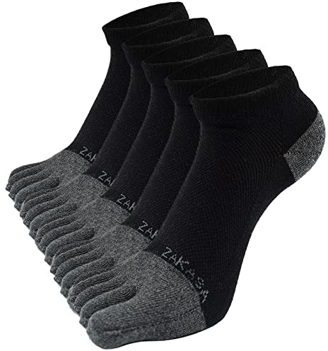 CaiDieNu Toe Socks for Men: Five Finger Cotton Athletic Crew Socks No Show Breathable Running Ankle 5 Pairs Size 10-12, Black
