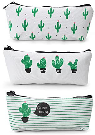 JANDH 3 Stück Pencil Case Aesthetic, Grüner Kaktus Federtaschen, Weißes Federmäppchen aus Segeltuch für Schule und Büro