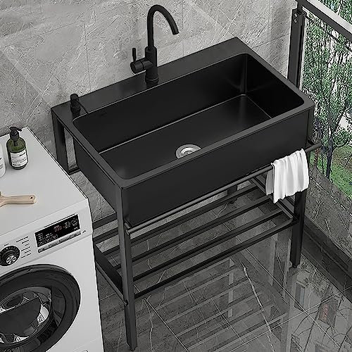 Lavandino, Lavello Da Esterno, Lavandino Da Cucina Commerciale Nero 1 Scomparto, Lavatoio In Acciaio Inox Con Scolapiatti, Lavabo Utilità Con Rubinetto, Cestello Del Filtro, Piedini Regolabili