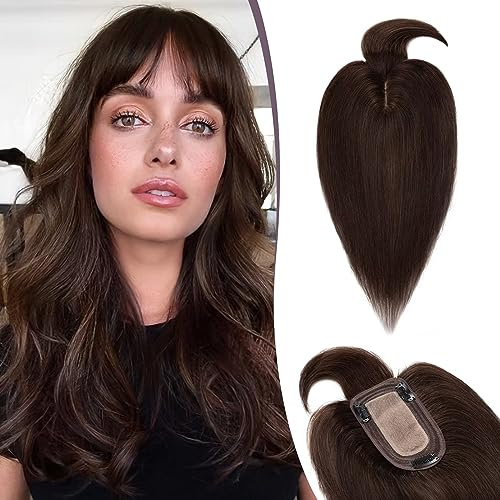 TESS Hair Topper per Donna Capelli Veri Clip con Frangia #2 Marrone scuro, Toupet Frangetta (Silk Lace Base 7cm*13cm) Humam Hair 33g 25cm
