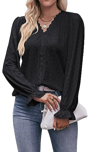Coloody Blusa de Manga Larga para Mujer Color sólido Suelto Casual Elegante Cuello en V Gasa ​Encaje Camiseta Tops-Negro-M