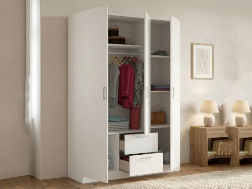 Dmora - Garde-Robe 3 Portes Argentella, Cintre pour Chambre à Coucher, Armoire avec 3 Portes battantes et 2 tiroirs, 150x52h215 cm, Blanc