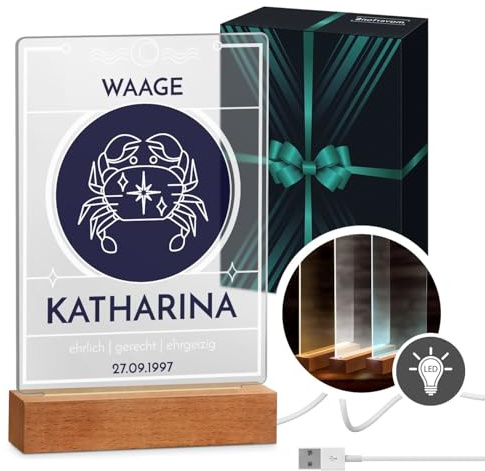 Maverton beleuchteter LED-Rahmen mit eigenem Foto - personalisiertes Acrylglasbild mit Holzständer mit LED-Beleuchtung - Glasfoto für Frauen zum Geburtstag - Größe: 15x24x4,5cm - Sternzeichen