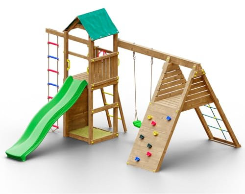 Woody Gym TGG Play Parque de juegos de madera con torreta, columpio, tobogán, arenero, escalada