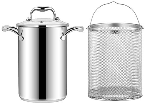 304 Stainless Steel Deep Fryer Pot, 4L Asparagus Pot Vegetable Steamer Spaghetti Pasta Stovetop Cooker with Removable Basket and Lid for Home Kitchen (Silver)