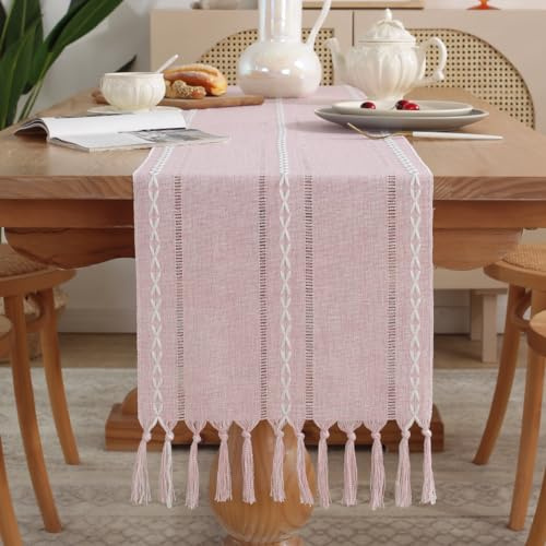 meioro Rustikaler Tischläufer mit Quasten, 33x123cm Landhausstil Boho Table Runner Geflochten Gestreift, Leinen Polyester Tisch Dekoration für Essen Party Urlaub und Hochzeit (Rosa)