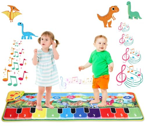 NK Piano Tapis Musical Bébé avec 8 Sons de Dysnosaures LED - Cadeau Enfant 3 4 5 Ans, Jouer Montessori, Idee Jeux de Noël et d'anniversaire, Repliable, Fonction Record/Playback (110x36cm)