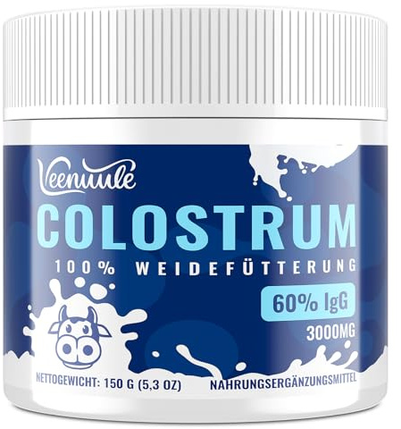 Veenuule Colostrum Pulver 3000MG, mit 60% Natürliche IgG (Immunglobuline), Weidemilch-Kuhkolostrum, Nicht-GVO, Geschmacksneutral, 50 Portionen