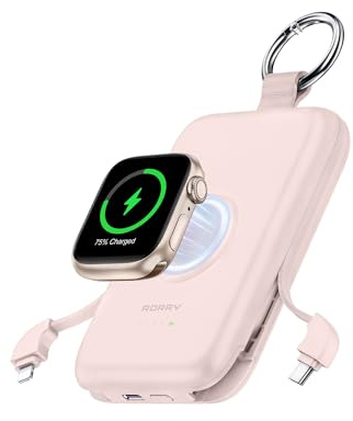 RORRY Portable Charger, 10000mAh PD 20W Fast Charging Portable Charger Power Bank with Built in Cables, Travel Battery Pack for iPhone 17/16/15/14/13/12 and Apple Watch Ultra/11/10/9/8/7/6/5, Pink