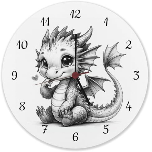 speecheese niedlicher Babydrache Wanduhr aus Alu Süßer Ruhender Drache Niedliche Pose Dasitzendes Fantasiewesen Deko für Kinderzimmer