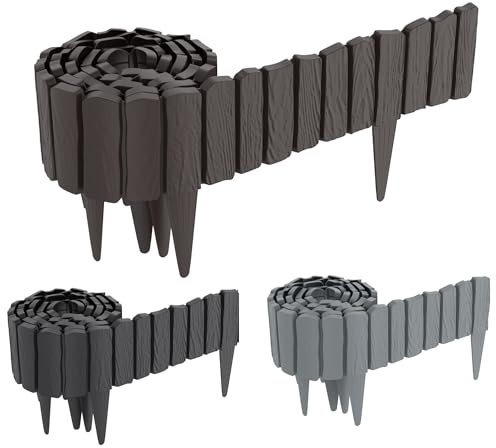 FIVMEN Rasenkante Kunststoff 4,6 m Holzoptik Beeteinfassung Beetumrandung mit 10 cm Stifte Holzmaserung imitiert Mähkante Palisade Gartenzaun für Garten, Braun