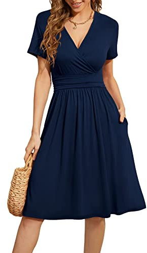 Actcat V-Ausschnitt Kleid Kurzarm Casual Kleider Sommerkleid Floral Party Kleid mit Taschen Kleider