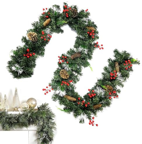 Weihnachtsgirlande für den Außenbereich – 2,7 m Rattan-Kamin, Weihnachtsdekoration mit Tannenzapfen und roten Beeren | Ästhetischer Türhänger Esstisch, festliche Fensterdekoration, Urlaubsgirlande für