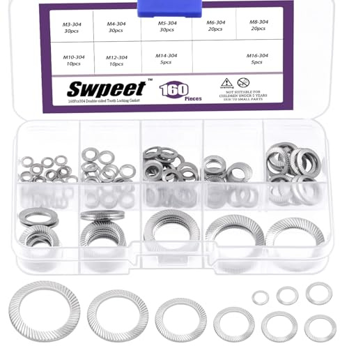 Swpeet Lot de 160 rondelles de verrouillage à double face en acier inoxydable 304 de 9 tailles M3 M4 M5 M6 M8 M10 M12 M14 M16 en acier inoxydable 304