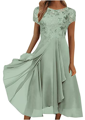 KDEIHT Damen Chiffon Spitzenkleid Brautjungfer Kleid Elegant Party Cocktailkleid Festliches Ballkleid Kurzarm Partykleid Rundhalsausschnitt Abendkleid Einfarbig Lässiges Sommerkleid