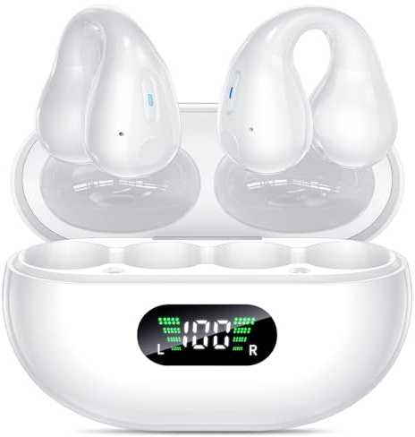 Auriculares inalámbricos Bluetooth 5.3 con clip abierto, micrófono integrado, ganchos para oídos y oreja, funda de carga inalámbrica