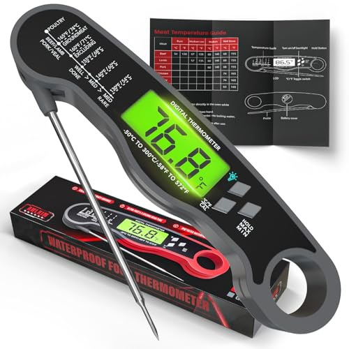 Instant Read Fleischthermometer Digital - Wasserdichtes Lebensmittelthermometer mit Hintergrundbeleuchtung für Kochen, Grill, Süßigkeiten, Küche & Strumpffüller für Männer - Grau