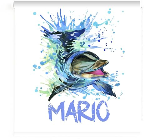 Estor Infantil Personalizado con Nombre – Cortina Enrollable con Delfín Acuático – Decoración Niño Habitación Infantil – Translúcido Antibacteriano – Hecho en España (40x60)