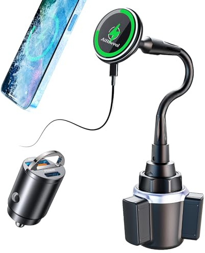 AiHiwvol for Qi2 15W Magsafe Car Cup Holder Charger Magnetic Charger | Heat Restriction, Fast Charging for iPhone 17 to12 Series, with 30W PD3.0&QC4.0 Car Adapter, Magnetic Cup Holder Phone Mount