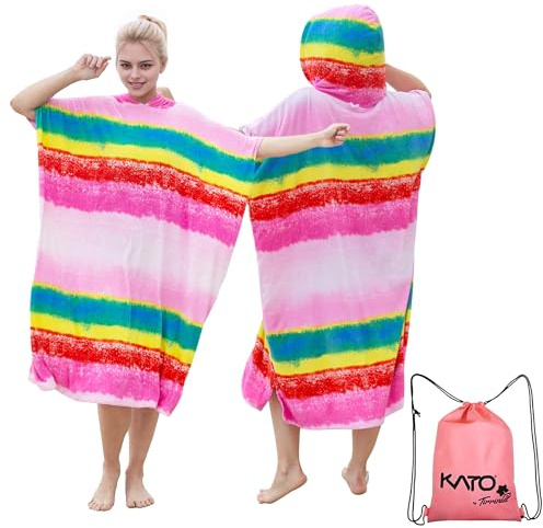 Kato Tirrinia Surf Poncho, aiuto per trasloco da donna, da uomo, con cappuccio, assorbente, antivento, per surfisti, nuoto, campeggio, sauna, bagno, arcobaleno