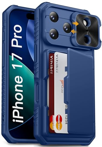 Vihibii for iPhone 17 Pro Wallet Case with Card Holder (4 Cards), Blue | Slide Camera Lens Cover, RFID Blocking, Raised Edges Protect Screen, Shockproof, Rugged Cover for iPhone 17 Pro 6.3 2025